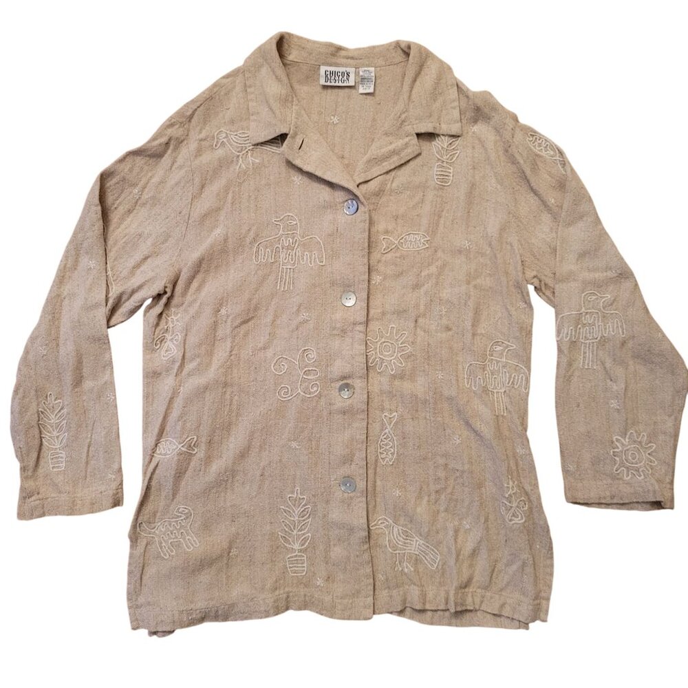 Chicos Design 3 Beige Embroidered Silk Button Up Blouse XL 16 Shacket